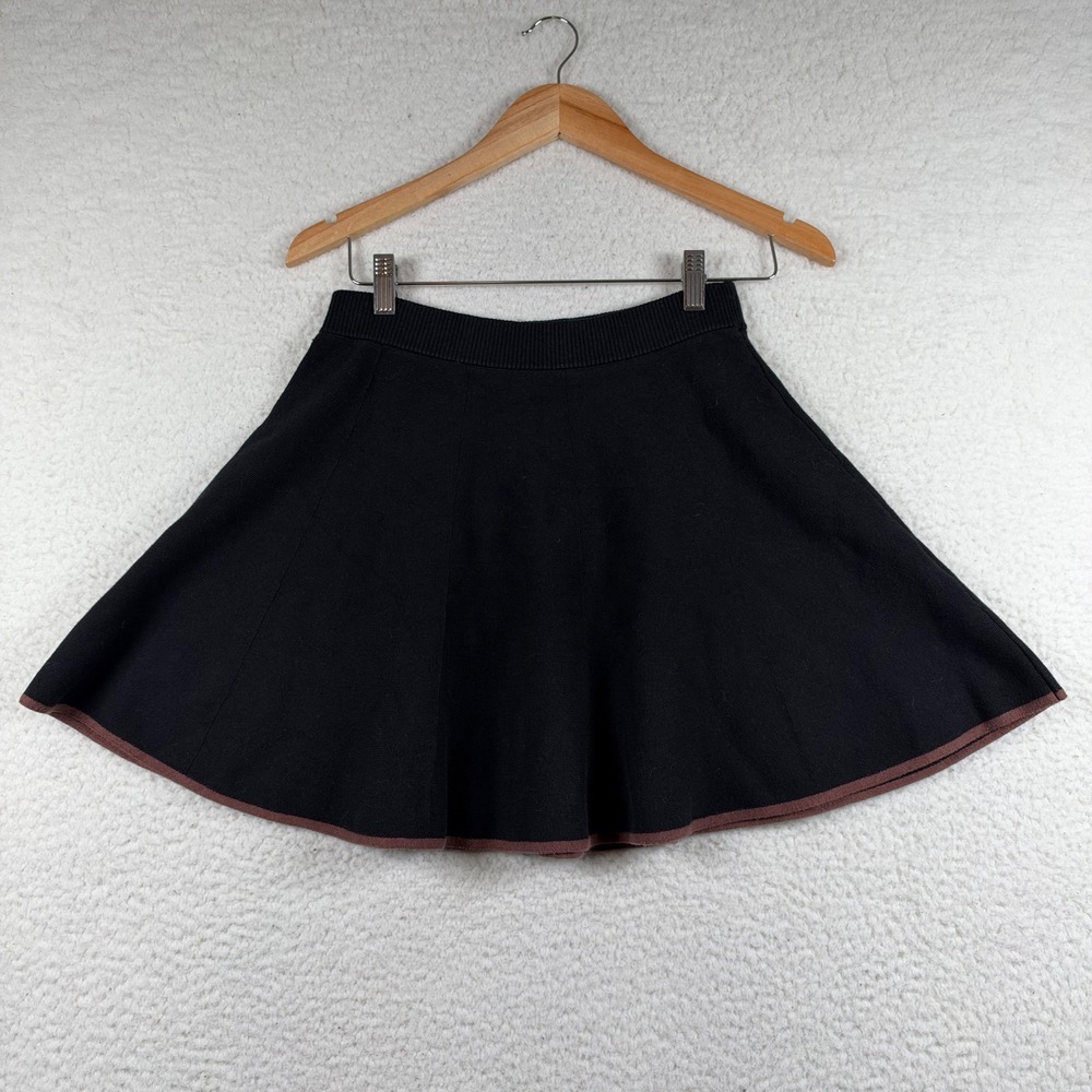 Free People Knit Skater Black Mini Skirt Knit Brown Trim M Boho Dark Academia